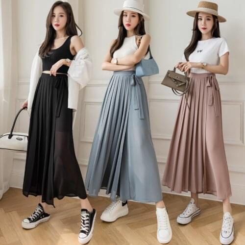 Pleated Chiffon Wide Leg Pants 2021 Summer Women Loose Elastic High Waist Boho Pant Casual Solid Color Elegant Female Trousers
