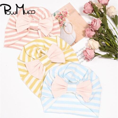 Powmuco 20*18 CM High Quality Striped Baby Girls Hats Handmade Bowknot Infant Caps Children Bows Headwear Photography Props
