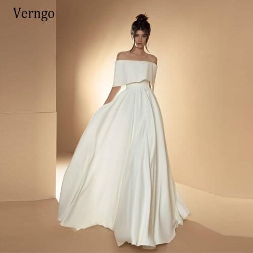 Verngo Simple Soft Satin Beach Wedding Dresses 2021 Off Shoulder Short Sleeves Floor Length Country Bridal Gowns Plus Size