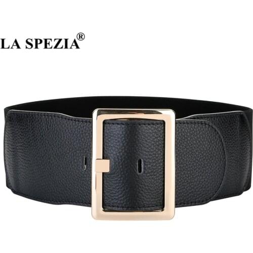 LA SPEZIA Black Wide Waist Belt Genuine Leather Cummerbunds for Women First Layer Cowskin Women Belt for Dress Accessories