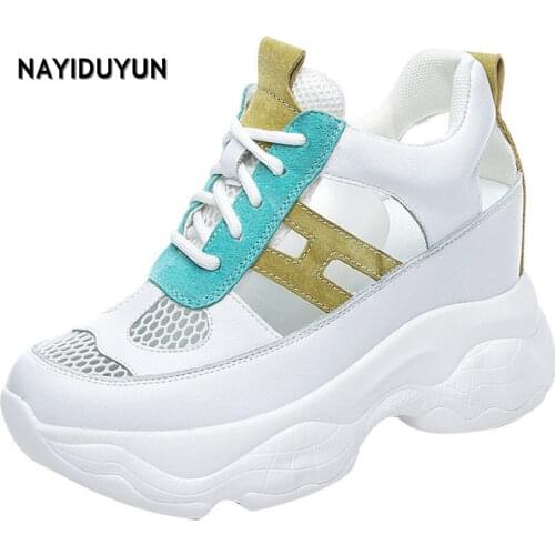 Summer Sandals Womens Genuine Leather Platform Wedge High Heel Sandals Fashion Sneakers Lace Up School Party Pumps Round Toe