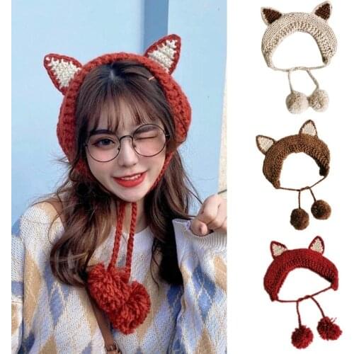 X5XE Fox Earflap Cat Hat Kitty Beanies Knitted Winter Hat Hip-hop Skullies Knitted Hat Accessory Gifts Warm Winter Lovely