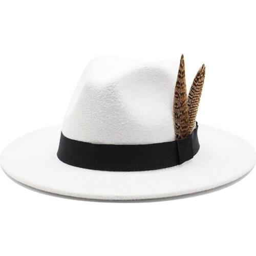 Seioum Unisex 100% Wool Felt Fedora Structured Black Band with Feather Classic Gangster Panama Hat Winter Jazz Cap