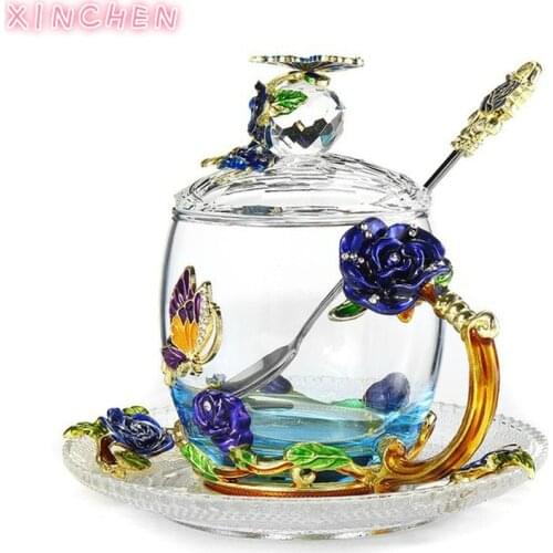 Blue Beautiful Butterfly Enamel Coffee Cup Flower Tea Glass Mugs Hot and Cold Drink Tea Cup Spoon Set Perfect Wedding Gift