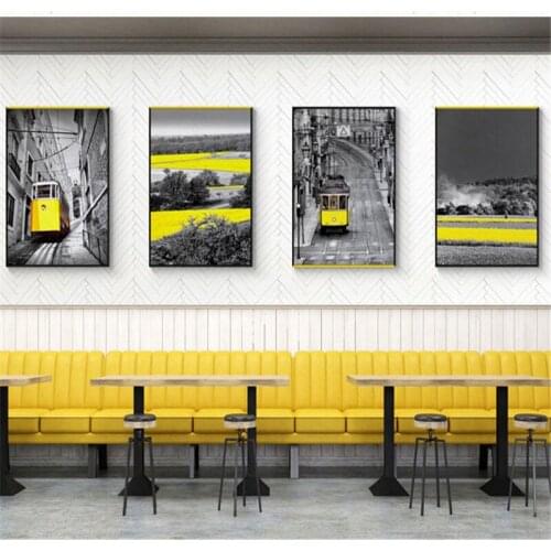 HAOCHU Nordic Decoration Painting Black White Yellow Modern Building City Village Landscape Personality Hotel Living Room Poster