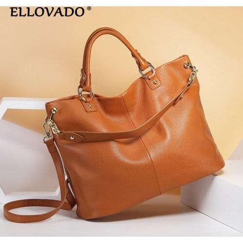 Ellovado Women Genuine Leather Tote Bag Shoulder Bag for Women Casual Soft Fashion Handbags Female Large Crossbody Bag