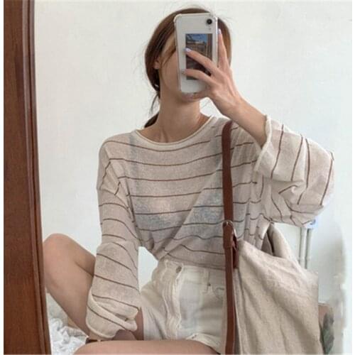 2020 New Arrivals Korean Chic Striped Knitted T-shirt O-neck Long Sleeved Sun Protection Tops Casual Tunic Verano