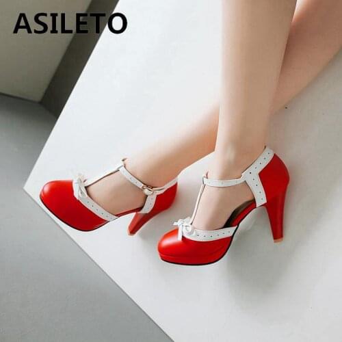 ASILETO Plus Size 32-44 High Heel Shoes Round Toe Heel pumps Womens Platform pumps with bow party wedding Footwear t strap 972