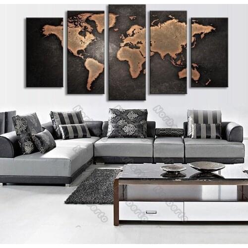 Vintage Style Frameless Canvas Painting Retro Wall Poster Ancient World Map with Brown Yellow Colors for Home Rooms Wall Decorat