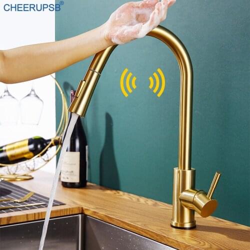 Pull Out Kitchen Sink Touch Faucet Smart Sensor Automatic Tap Hot Cold Water Mixer Touch Control Crane Stainless Steel Faucets