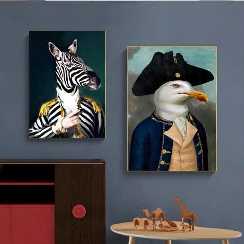 Funny Art Animals Canvas Paintings Abstract Zebra In Military Uniform Posters and Print Wall Art Pictures for Living Home Decor