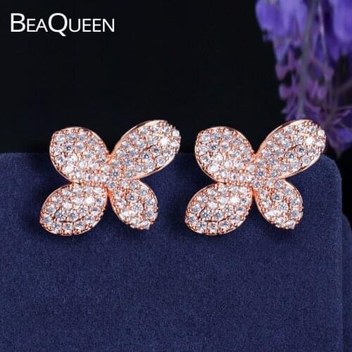 BeaQueen Lovely Rose Gold Color Leaf Flower Stud Earrings Micro Paved Full Cubic Zirconia Women Fashion Jewelry for Gift E242