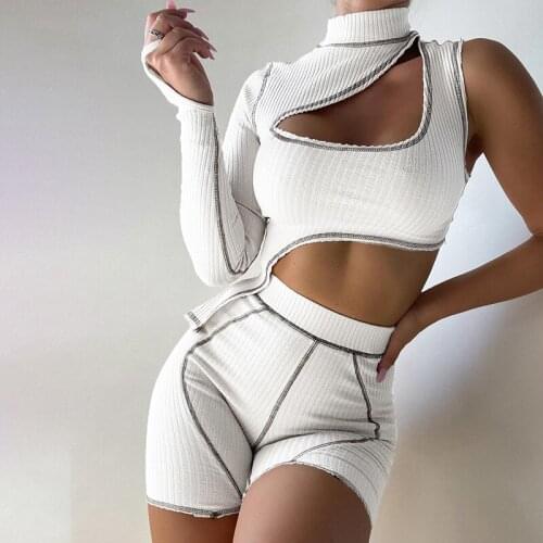 2021 Autumn Ribbed Patchwork Womens Irregular Hollow Out One Shoulder Crop Top+Skinny Shorts Two Pieces Sets Biker Tracksuit