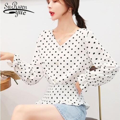 2021 Autumn Fashion Women Chiffon Blouses Casual V-neck Beading Women Clothing Slim Long Sleeve Polka Dot Women Tops 6337 50
