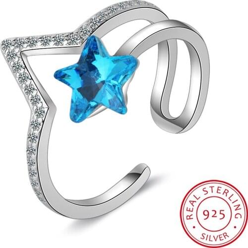 New Temperament Fashion Wild Women Blue Crystal 925 Sterling Silver Jewelry Personality Stars Opening Rings SR380