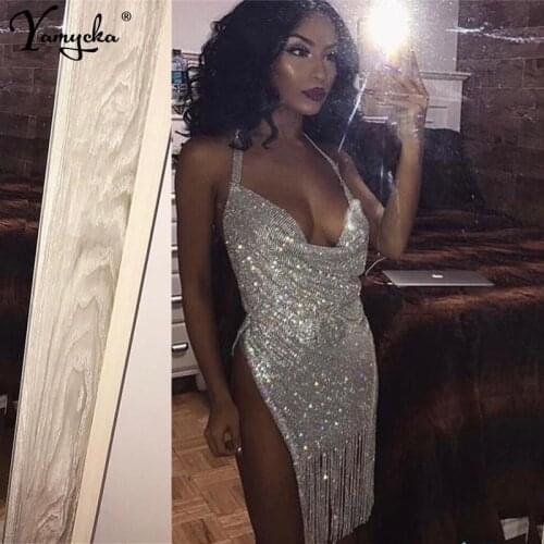 Sexy Metal chain tassel Summer Dress Women Backless Bling Crystal Diamonds Sequin Dress luxury Nightclub Party Dresses Vestidos