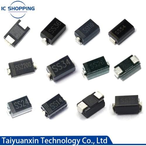 100PCS Schottky rectifier diode SS12 SS14 SS16 SS22 SS24 SS26 SS32 SS34 SS36 SS54 SS56 SS110 SS210 SB1100 1N5817 SR360 DO-214AC