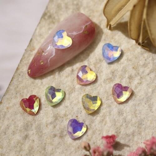20Pcs Flatback Heart Shaped Nail Holographic Rhinestones AB Resin Gem Stones For Nail Art Decoration Aurora Manicure Stones
