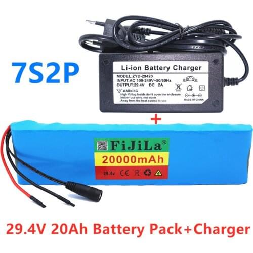 24V Battery 7S2P 29.4V 7800mAh Li-ion Battery Pack with 20A Balanced BMS for Electric Bicycle Scooter Power Wheelchair + Charger