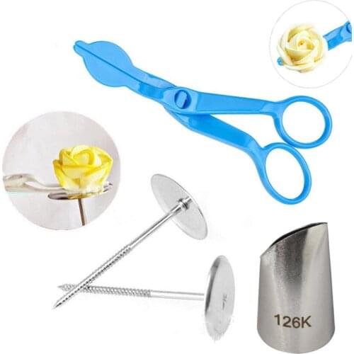 4Pcs/set Flower Scissor+2pcs Cake Tray Stand +Tulips Rose Nozzle Nail Decor Lifter Fondant Cream Transfer Baking Pastry Kitchen