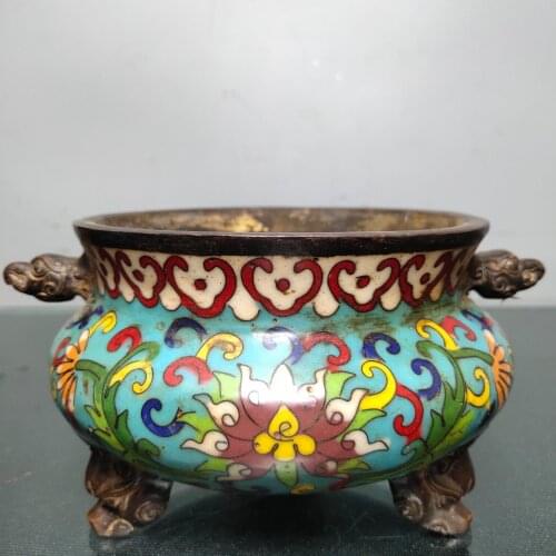 7"Tibet Temple Collection Old Bronze Cloisonne Enamel Chilong Binaural Incense Burner Elephant Trunk Incense Town House Exorcism