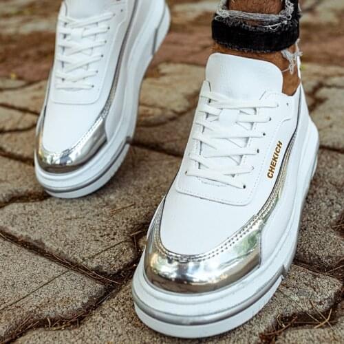 Chekich Mens & Womens Casual Shoes White - Gray Colors Faux Leather Laces Casual Shoes Spring Fall Seasons Luxury Silver Couples Unisex Sneakers Breathable Lightweight Sport Wedding Formal High Sewing Sole CH041 V1