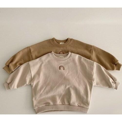 Kids Hoodies Autumn Winter Childrens Korean Loose Velvet Sweatshirts Baby Girls Boys Rainbow Embroidery Casual Pullovers 2021