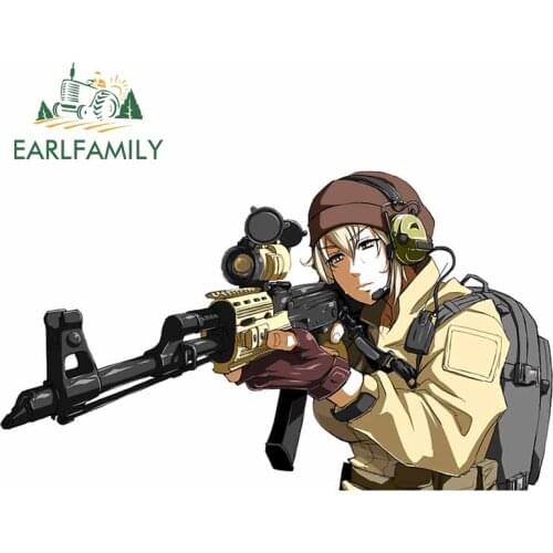 EARLFAMILY 13cm x 7.7cm For Anime Girl with Gun Refrigerator Car Sticker Windows Decal Personality Graphics Vinyl Material Decor