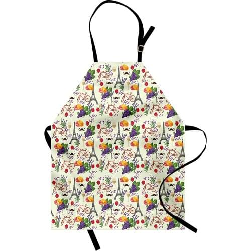 European Apron French Themed Paris Must Have Macarons Wines Grapes Bikes Berries Eiffel Art Women Men Kids Kitchen Pinafore