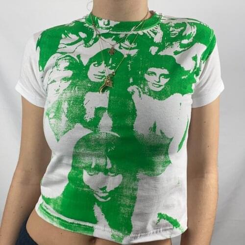 Summer Women Fashion Portrait Printing T-Shirt Tops Ladies Female Round Neck Slim Fit Short Sleeve Tops