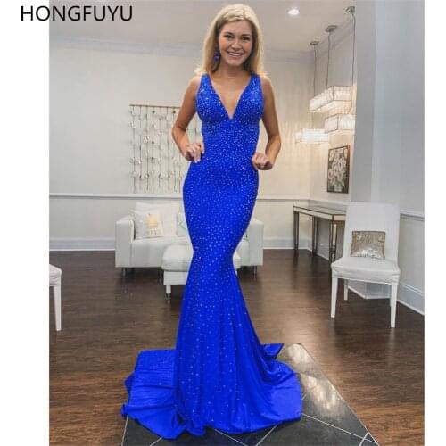 HONGFUYU Stunning V Neck Mermaid Evening Dress robe de soirée Sleeveless Crystals Formal Prom Vestido De Festa Party Dresses