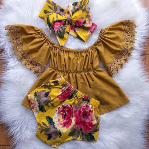 3PCS Toddler Baby Girl Clothes sets Off Shoulder Solid Lace Tops Floral Short Pant Headband Outfits Baby Clothing 0-5T