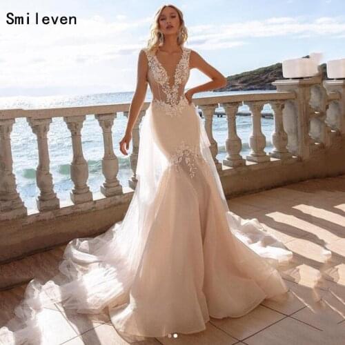 Smileven Lace Mermaid Wedding Dress Sleeveless V Neck Boho Bridal Gowns Lace Appliques Robe de soriee Turkey Wedding Gowns 2021