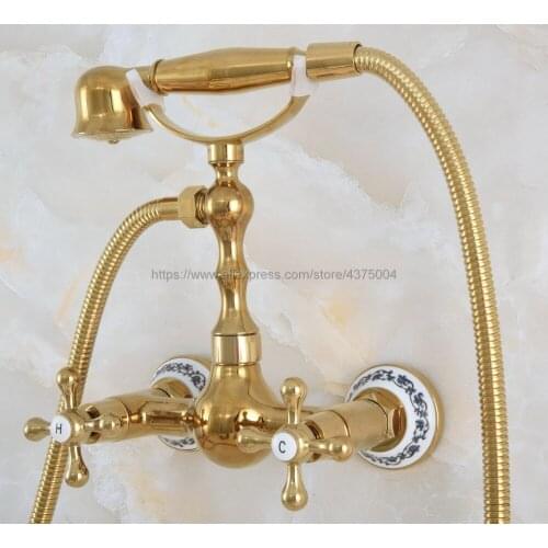 Gold Color Brass Bathroom Shower Faucet Mixer Tap With Hand Shower Head Shower Faucet Set Wall Mounted Nna827