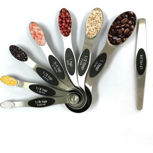 Magnetic Measuring Spoons 8 in 1 with Leveler Dual Sided for Dry or Liquid Premium Stainless Steel Fits in Kitchen Spice Jar