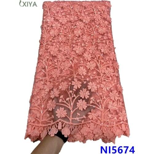 Latest Peach African Lace Fabric High Quality French Tulle Laces Fabrics Embroidery Milk Silk Lace Fabric with Sequins NI5674