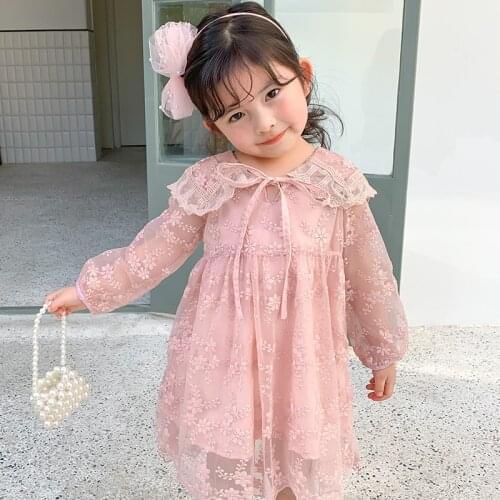New Girls Summer Spring Floral Dresses Formal Kids Dots Fashion Casual Lace Net Yarn Long Sleeve Princess Skirt High Quality