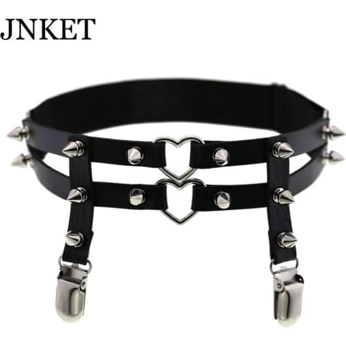 JNKET New Punk PU Leather Peach Heart Garters Rivet Leg Garter Elastic Thigh Ring Garter for Women and Girls