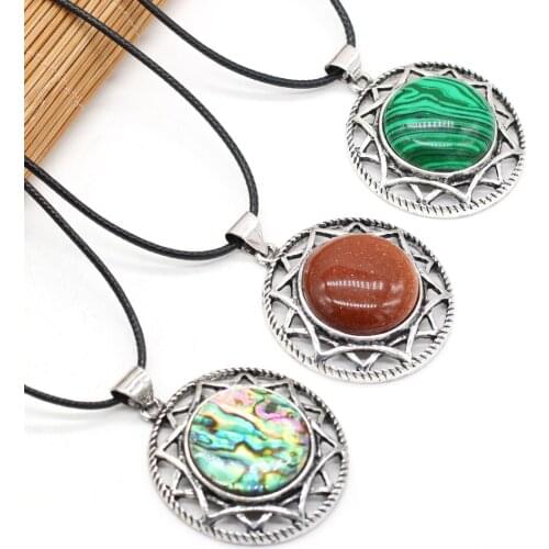 Natural Shell Alloy Pendant Round Rose Quartz Green Aventurine DIY Retro Trend Necklace Sweater Chain Jewelry Gem Making 40x40mm