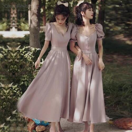Dusty Purple Vintage Bridesmaid Dresses puffles Sleeve Tea Length wedding Party Gowns Bride Side Vestido De Festa Formal DB031