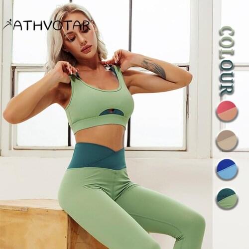 ATHVOTAR Fake 2 Bra Sports 2 Piece Sets Suit Push Up Top High Waist Leggings Sportswear Yoga Pilates Set Running Cycling Suits