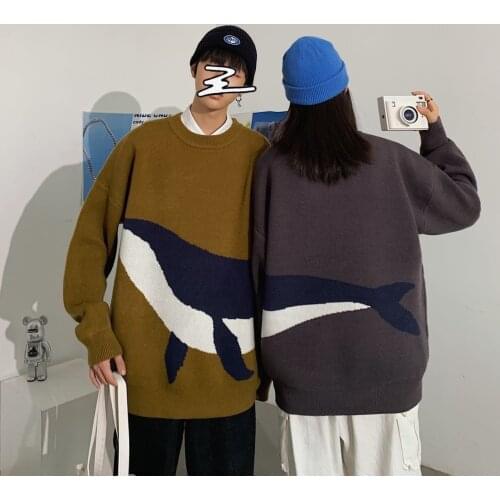 O-neck Sweater Mens Autumn Winter Printing Whale Jacquard All-match Long-sleeved Sweaters Knitted Pullover Loose Mens Clothes