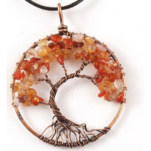 Trendy-beads Copper Wire Wrap Carnelian Pendant Tree of Life Necklace with Balck Rope Chain Jewelry
