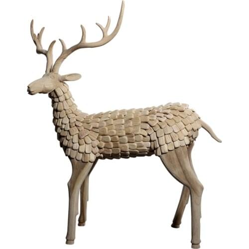 TT Hotel Lobby Wood Art Lucky Deer Large Wood Carving Art Creative Decoration Sales Office Fortune Landing Sculptured Ornaments