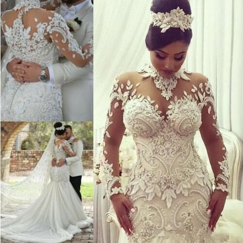 Vintage Arabic Long Sleeve Lace Mermaid Wedding Dresses Dubai Style High Sheer Illusion 3D Floral Appliques Long Train Bridal