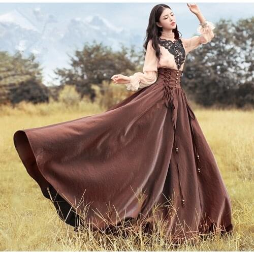BOSHOW Original Design Autumn Winter Women Long Skirt Vintage Royal Wind High Waist Drawstring Expansion Bottom Maxi Long Skirt