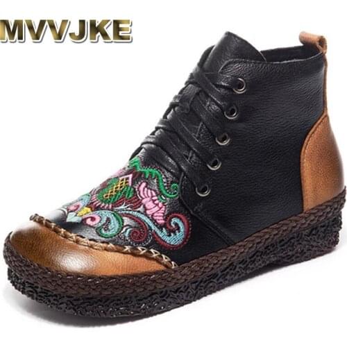 MVVJKERetro short boots women 2019 new embroidery fashion short boots women winter warm round head lace-up non-slip womens boot