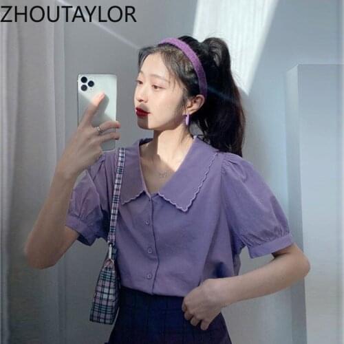 ZHOUTAYLOR Women Shirts Office Lady Turn-down Collar Femme Blouse Straight SHORT Puff Sleeve Single Breasted Summer Female Tops