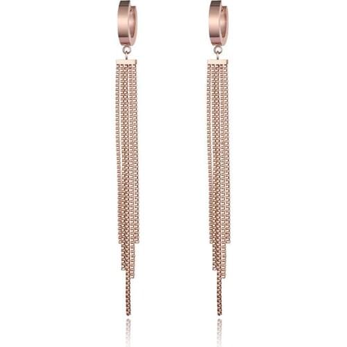 JeeMango New Arrive Rose Gold Color Long Tassel Titanium Steel Wedding Hoop Earrings For Women Party Gift E17069