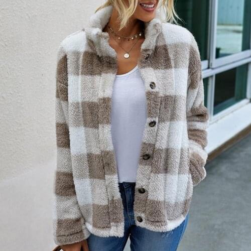 Women Turn Down Collar Long Sleeve Plaid Coat Pockets Buttons Warm Fluffy Jacket Wholesale Dropshipping